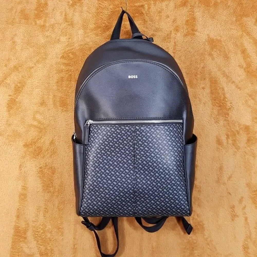 HUGO BOSS Mens Backpack Black Regenerated Leather Monogram Front Pocket ZAIR